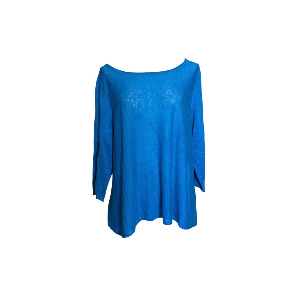Eileen Fisher Organic Linen Knit Sweater Blue Boat Neck 3/4 Sleeve Sz XL